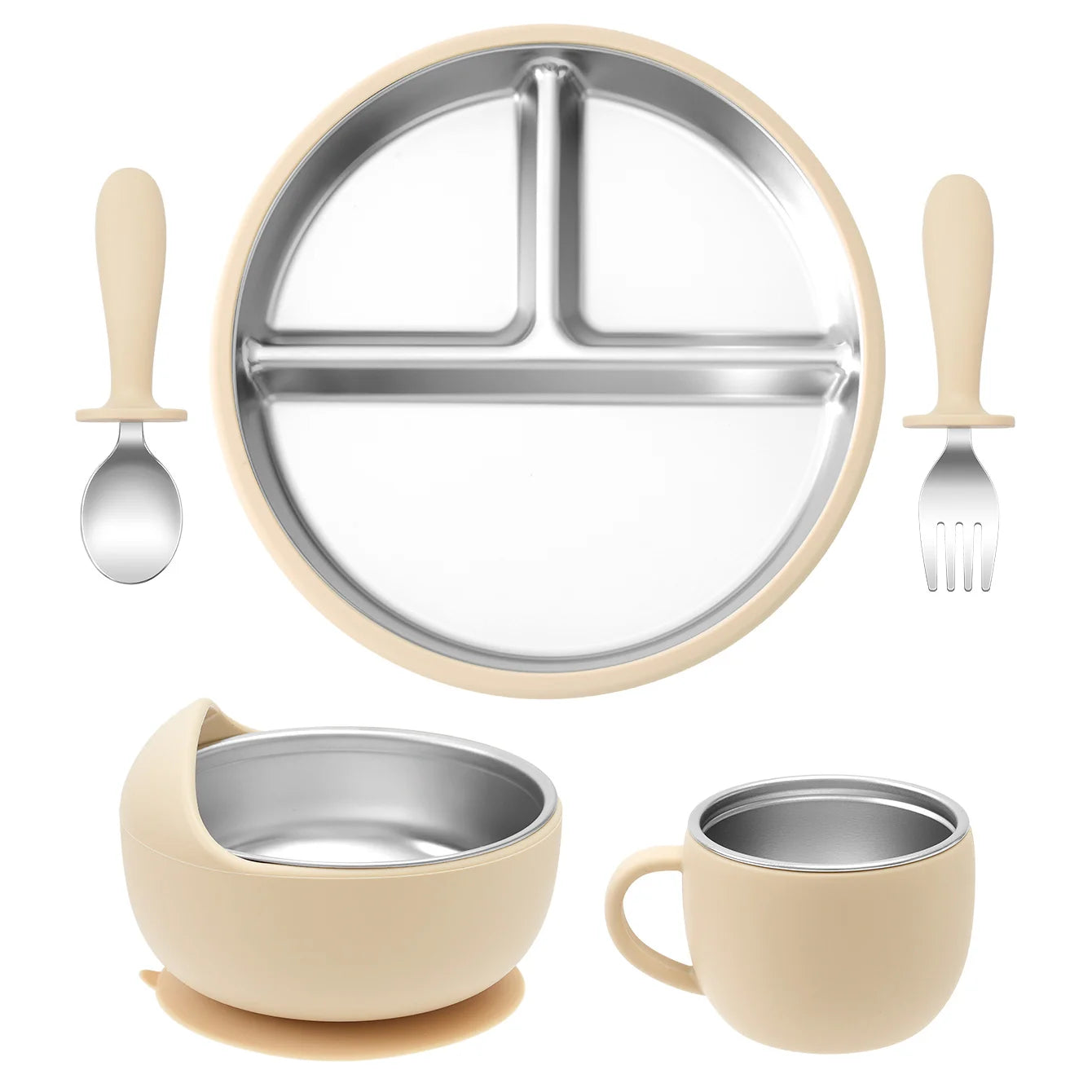set repas bébé silicone inox 5 pièces beige avec assiette bol tasse