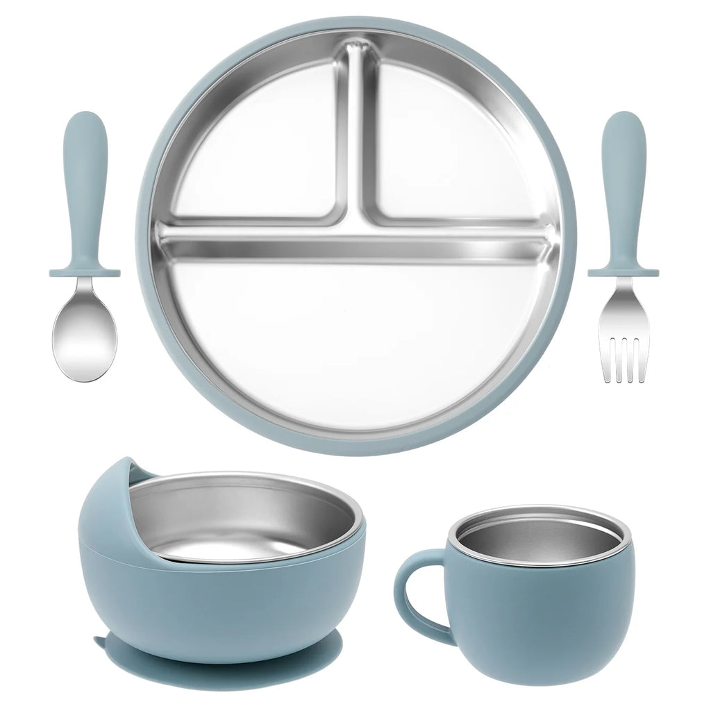 set repas bébé silicone inox 5 pièces bleu avec assiette bol tasse