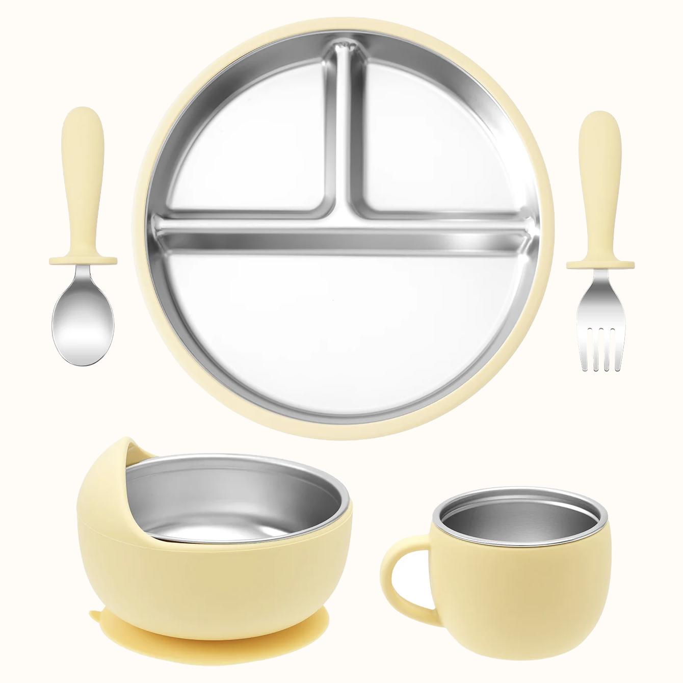 set repas bébé silicone inox 5 pièces jaune avec assiette bol tasse