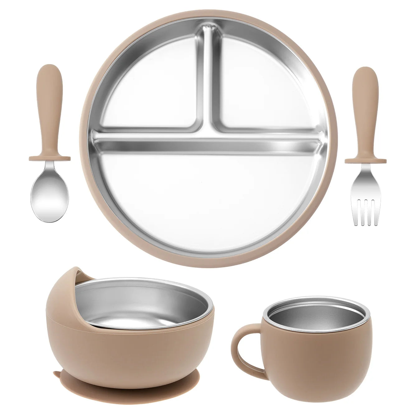 set repas bébé silicone inox 5 pièces jaune avec assiette bol tasse marron clair 