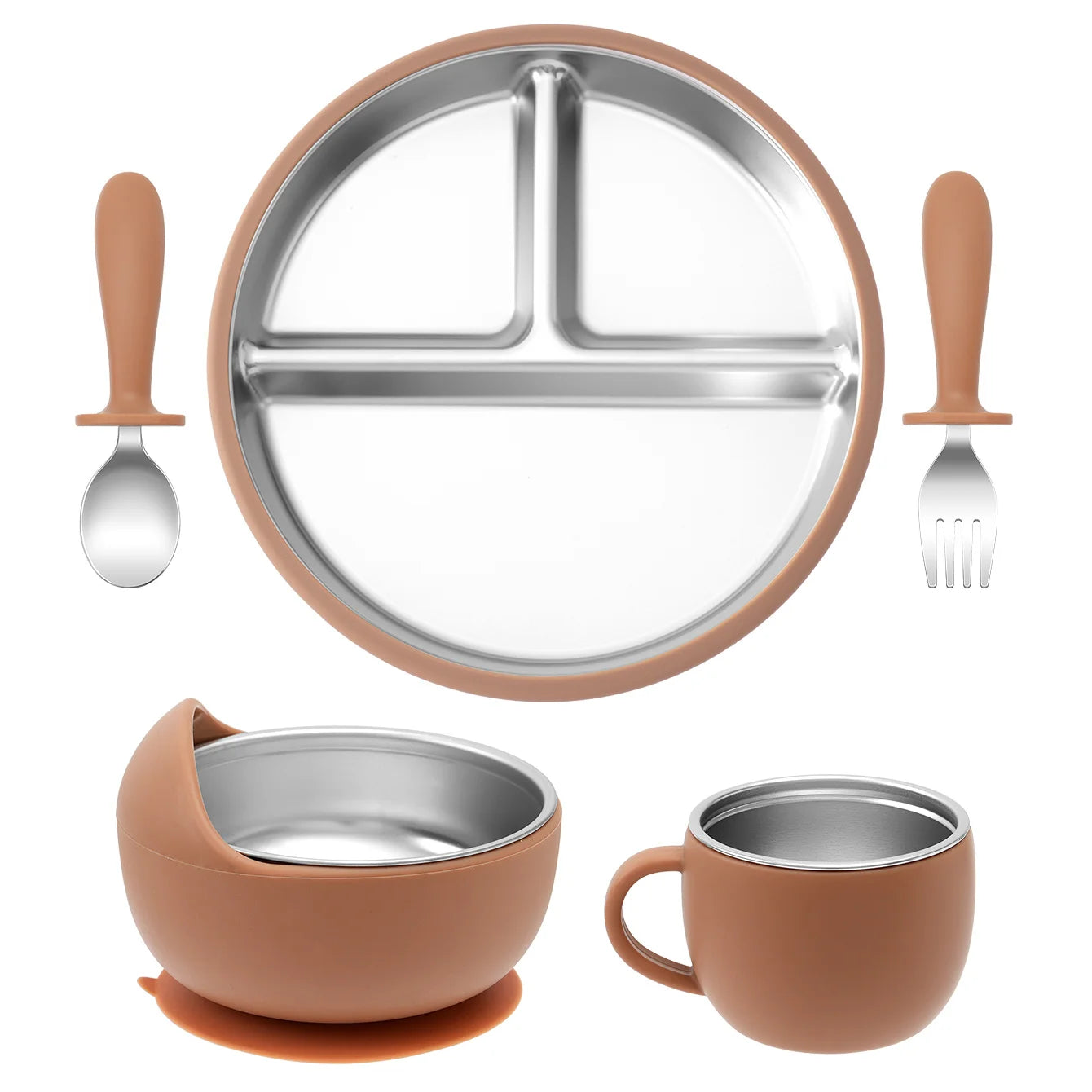 set repas bébé silicone inox 5 pièces marron avec assiette bol tasse