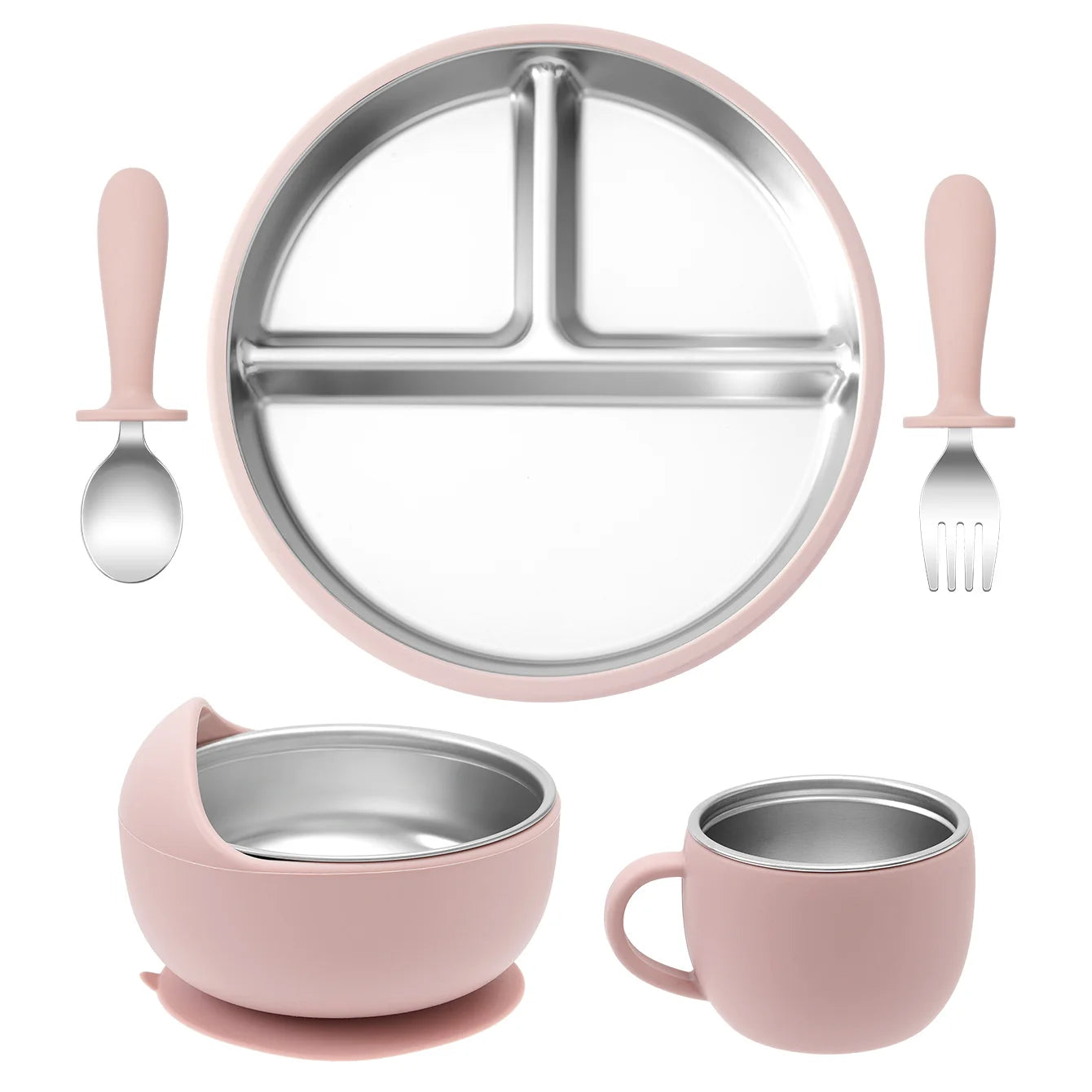 set repas bébé silicone inox 5 pièces rose claire avec assiette bol tasse