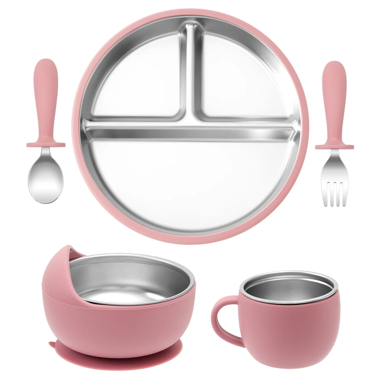 set repas bébé silicone inox 5 pièces rose avec assiette bol tasse