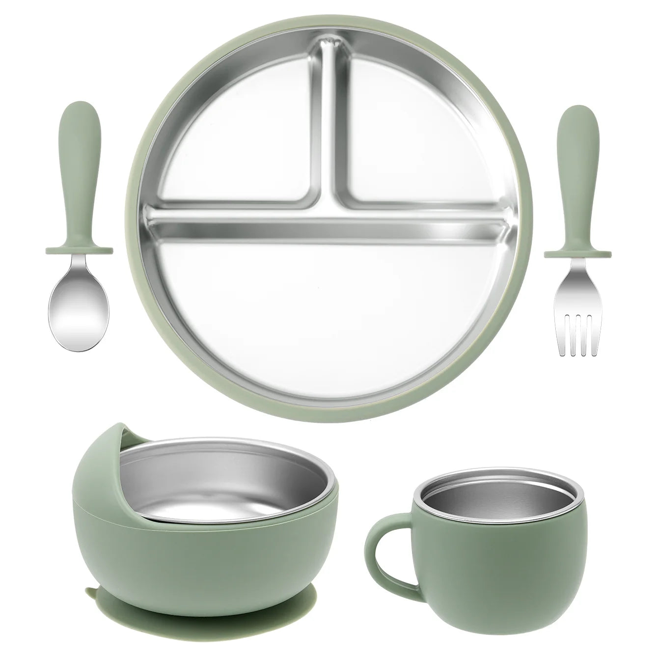 set repas bébé silicone inox 5 pièces vert avec assiette bol tasse