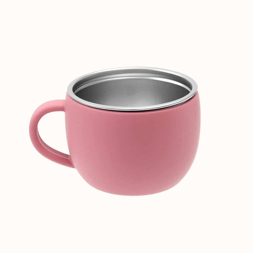 tasse bébé rose en inox avec revêtement silicone antidérapant